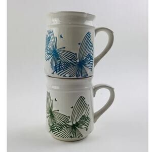 Pair 2 Vintage Retro Coffee Cups Butterflies Mugs Mod Japan Otagiri Green Blue